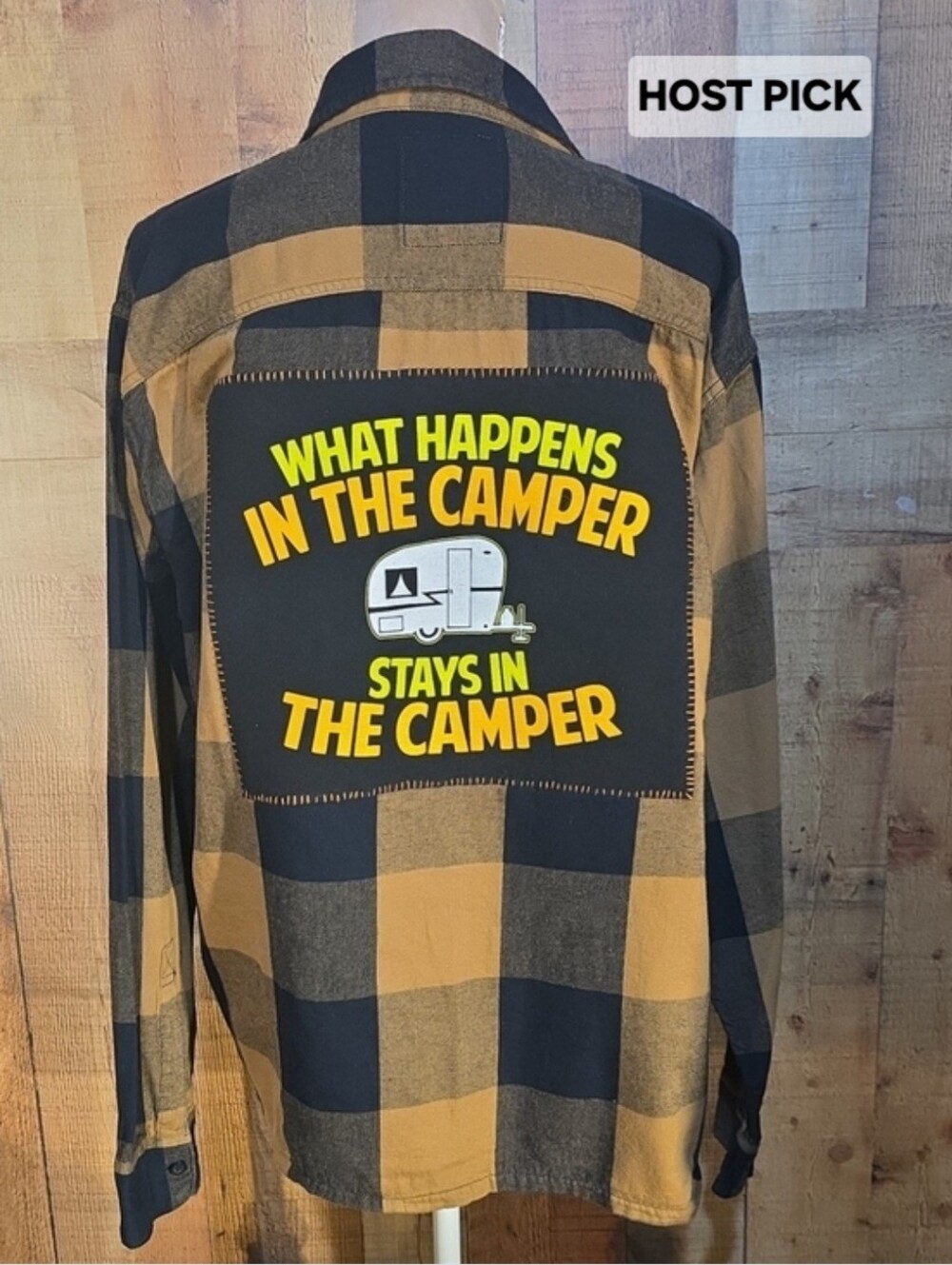 Upcycled Black and Tan Plaid Button-Down Shirt with Camper Graphic